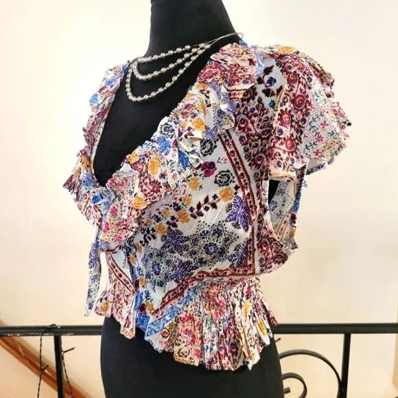 Nwt RAGA Multicolor Short Sleeve Ruffle Top Size Medium - Picture 4 of 16